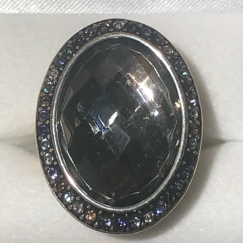 Brighton -Silver Toned- Lg Black Stone surrounded by multi color stones Ring~Sz6